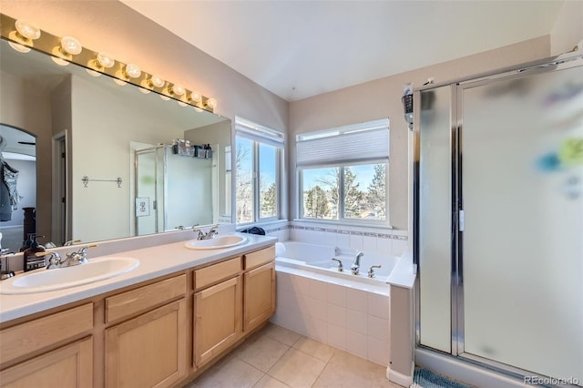 bathroom with vanity, separate shower and tub, and tile patterned floors