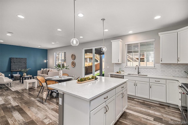 1011 White Leaf Cir, Castle Rock, CO 80108 - kitchen with a sink, open floor plan, recessed lighting, tasteful backsplash, and wood finished floors