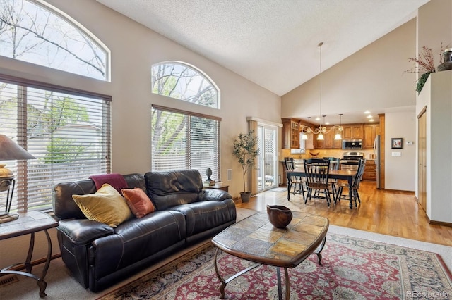 7354 S Robb St, Littleton, CO 80127 - living area with high vaulted ceiling, a chandelier, light wood-style floors, and a textured ceiling