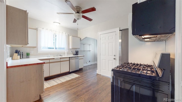 kitchen with decorative backsplash, stainless steel dishwasher, gas range, ceiling fan, and dark wood-type flooring