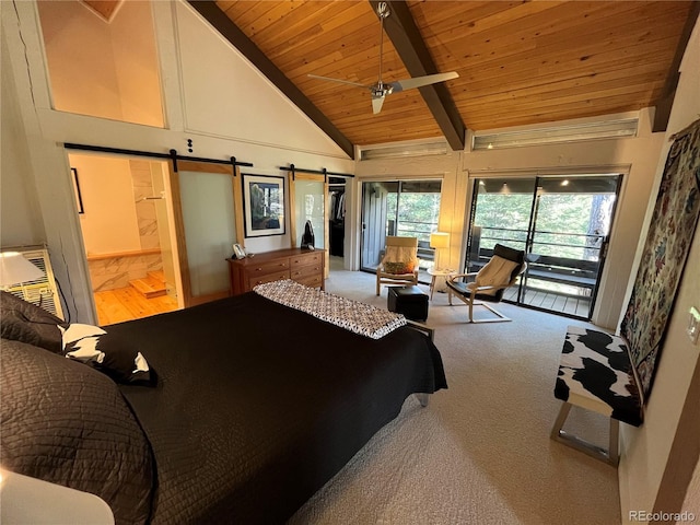 24226 Currant Dr, Golden, CO 80401 - carpeted bedroom featuring access to exterior, a barn door, wood ceiling with exposed beams, high vaulted ceiling, and connected bathroom