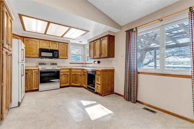 kitchen with black appliances, sink, and lofted ceiling