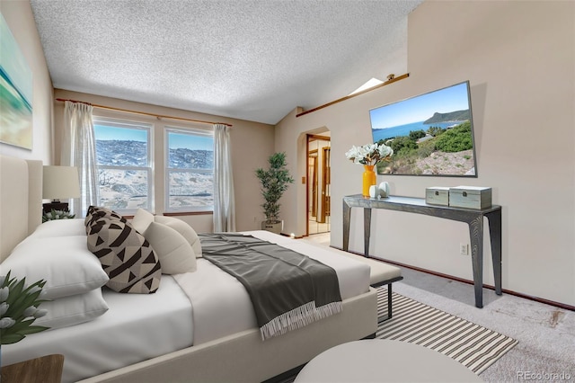 carpeted bedroom with a textured ceiling and lofted ceiling