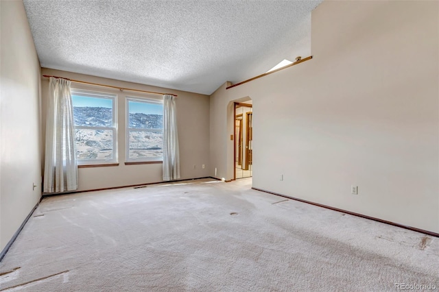 carpeted spare room featuring a textured ceiling and lofted ceiling