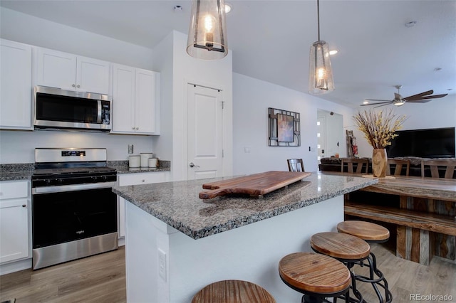 23670 E 41 St Ave, Aurora, CO 80019 - kitchen with stainless steel appliances, light wood finished floors, dark stone counters, white cabinets, and open floor plan