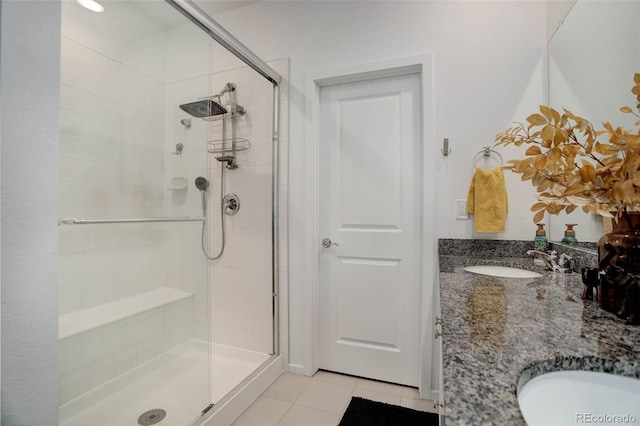 23670 E 41 St Ave, Aurora, CO 80019 - bathroom with a stall shower, tile patterned flooring, and double vanity