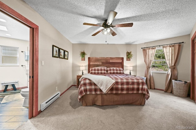 13540 Deer Ridge Way, Larkspur, CO 80118 - bedroom with a baseboard radiator, carpet, a textured ceiling, ensuite bathroom, and ceiling fan