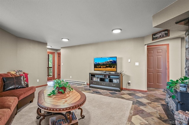 13540 Deer Ridge Way, Larkspur, CO 80118 - living room featuring a baseboard radiator, stone finish floors, a textured ceiling, and recessed lighting