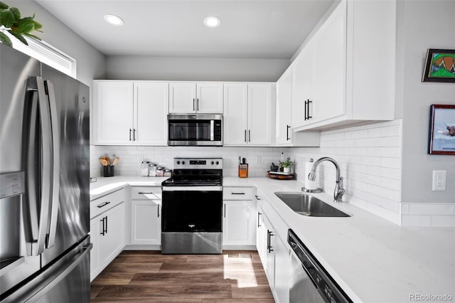 kitchen featuring sink, backsplash, white cabinetry, appliances with stainless steel finishes, and dark hardwood / wood-style floors