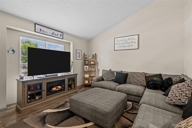 11323 Albion St, Thornton, CO 80233 - living room with wood finished floors, a textured ceiling, lofted ceiling, and a lit fireplace