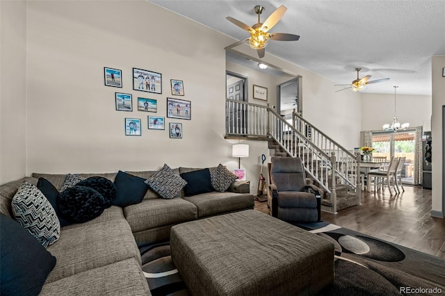 11323 Albion St, Thornton, CO 80233 - living area with ceiling fan, wood finished floors, stairway, a chandelier, and a textured ceiling