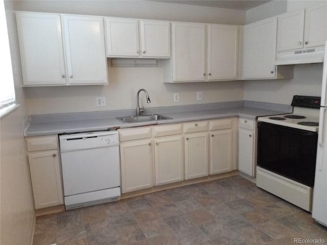 kitchen with white cabinetry, sink, extractor fan, and white appliances