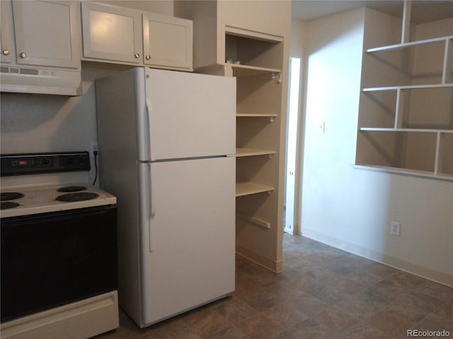 kitchen featuring white appliances, ventilation hood, and white cabinetry