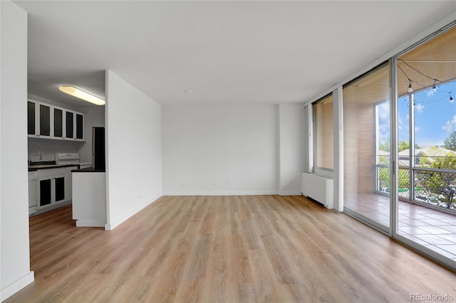 unfurnished room featuring expansive windows, sink, light hardwood / wood-style flooring, and radiator heating unit