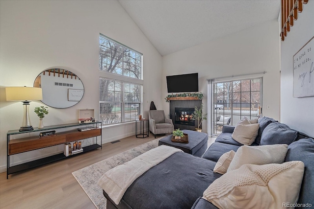 living room with light hardwood / wood-style flooring and high vaulted ceiling