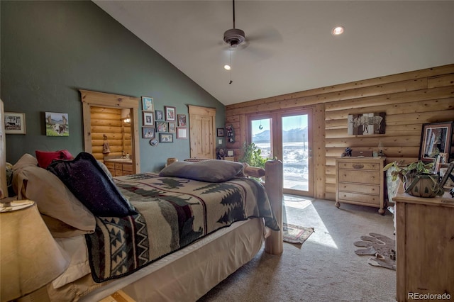 carpeted bedroom with access to exterior, ceiling fan, log walls, and high vaulted ceiling