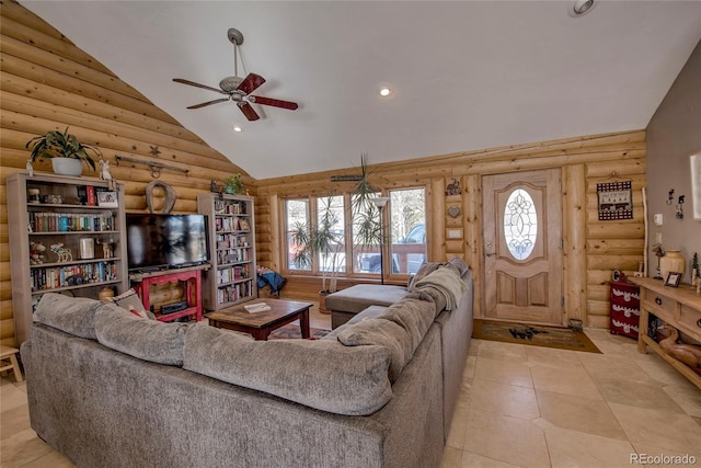 living room featuring plenty of natural light, ceiling fan, light tile patterned floors, and log walls