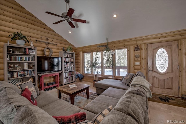 living room featuring ceiling fan, light tile patterned flooring, and high vaulted ceiling