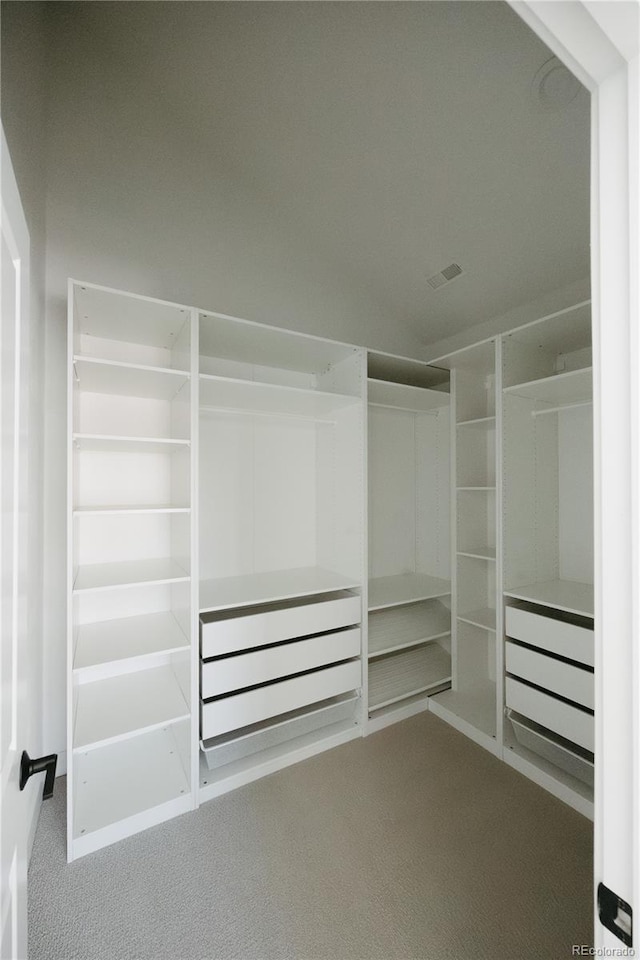 spacious closet with carpet flooring and visible vents