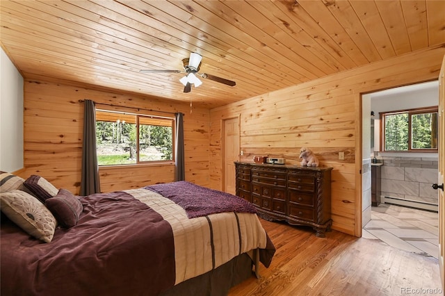 bedroom with light wood-style floors, wood ceiling, and wooden walls