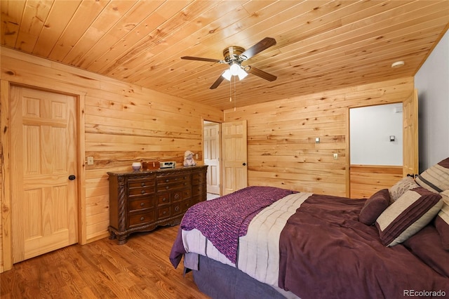 bedroom with wood walls, wooden ceiling, wood finished floors, and a ceiling fan