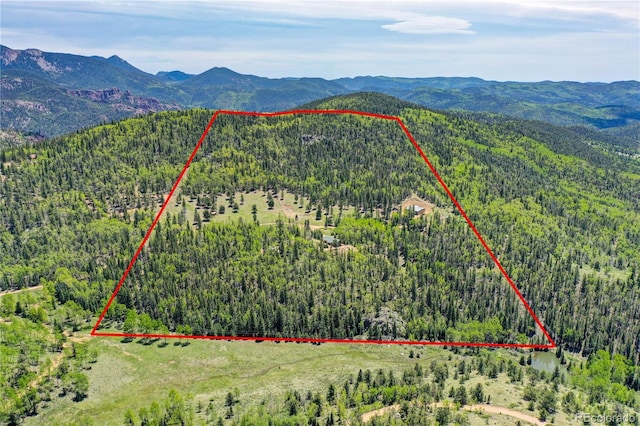 aerial view with a mountain view and a wooded view