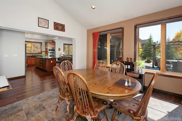 dining area featuring dark hardwood / wood-style floors and high vaulted ceiling