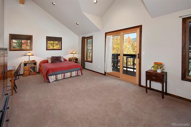 bedroom featuring carpet, access to exterior, and high vaulted ceiling