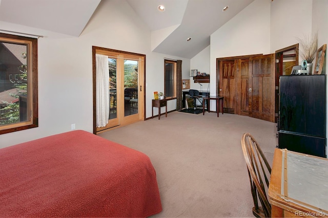 bedroom featuring access to exterior, light carpet, and french doors