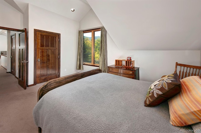 bedroom with carpet, vaulted ceiling, and a closet