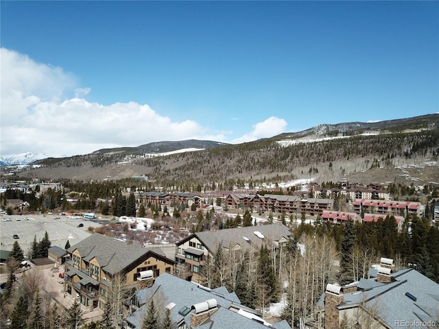 snowy aerial view featuring a mountain view