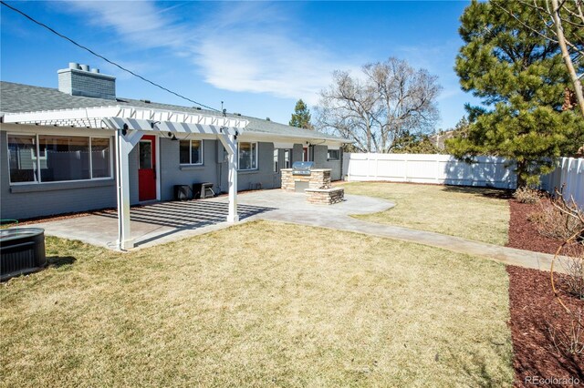 view of yard with cooling unit, a patio, a pergola, and a fenced backyard