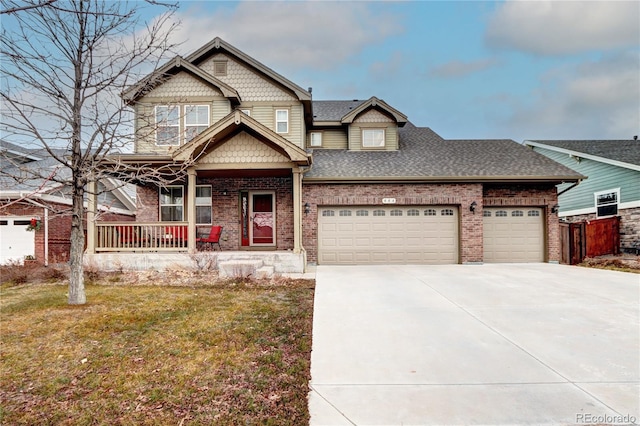 craftsman-style house featuring covered porch, a front lawn, and a garage