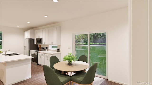 kitchen with white cabinetry, stainless steel appliances, sink, hardwood / wood-style flooring, and light stone counters