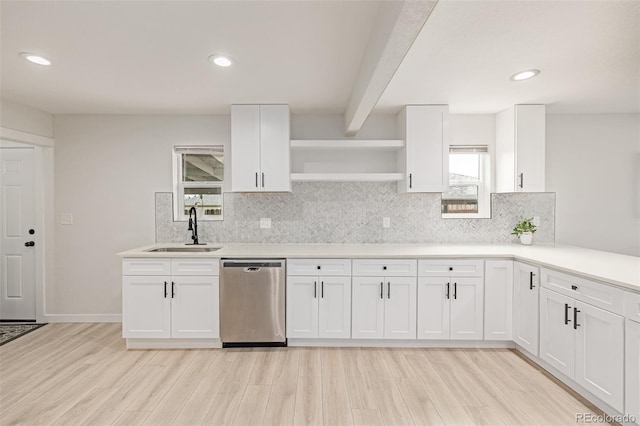 7752 Meade St, Westminster, CO 80030 - kitchen with dishwasher, a sink, open shelves, light wood finished floors, and white cabinetry