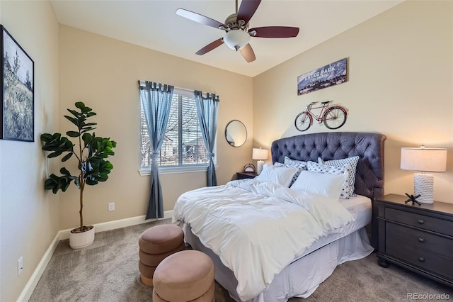 bedroom with ceiling fan, carpet, and baseboards