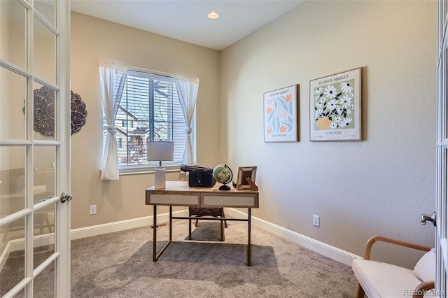 office featuring carpet floors, french doors, and baseboards