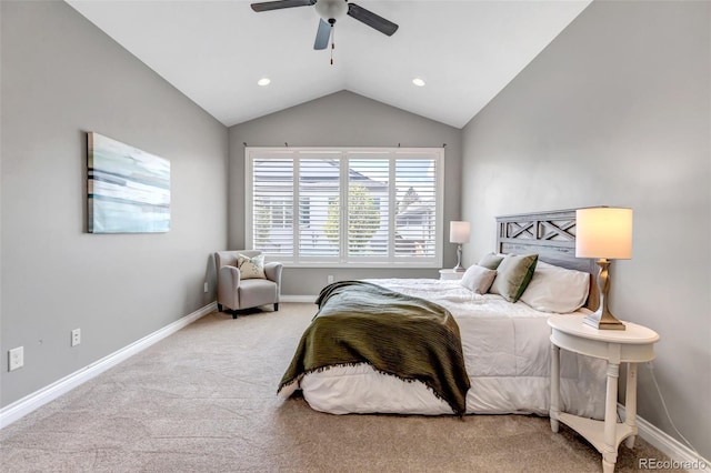 carpeted bedroom with recessed lighting, baseboards, ceiling fan, and vaulted ceiling