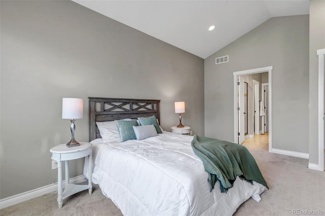 carpeted bedroom with recessed lighting, baseboards, high vaulted ceiling, and visible vents