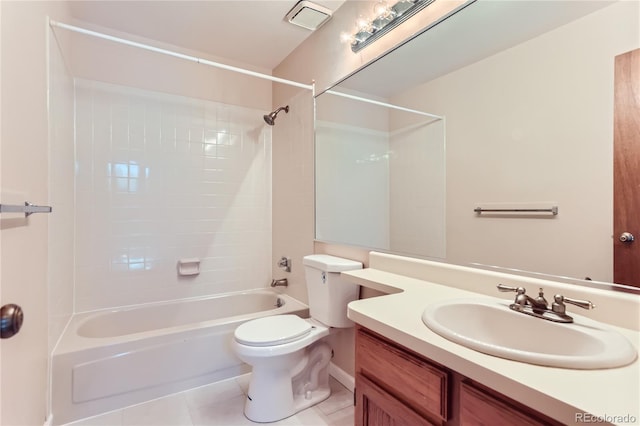 full bathroom with shower / bath combination, visible vents, toilet, tile patterned flooring, and vanity