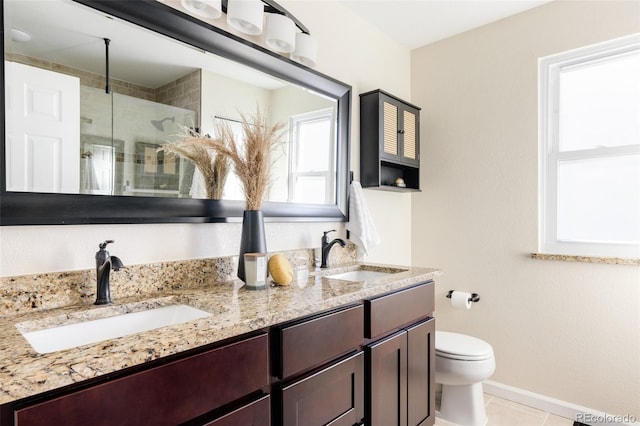 bathroom with tile patterned flooring, toilet, an enclosed shower, and vanity