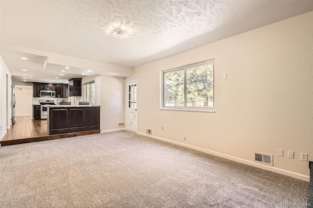 12454 Antelope Trl, Parker, CO 80138 - unfurnished living room with a textured ceiling, carpet floors, a textured wall, and recessed lighting