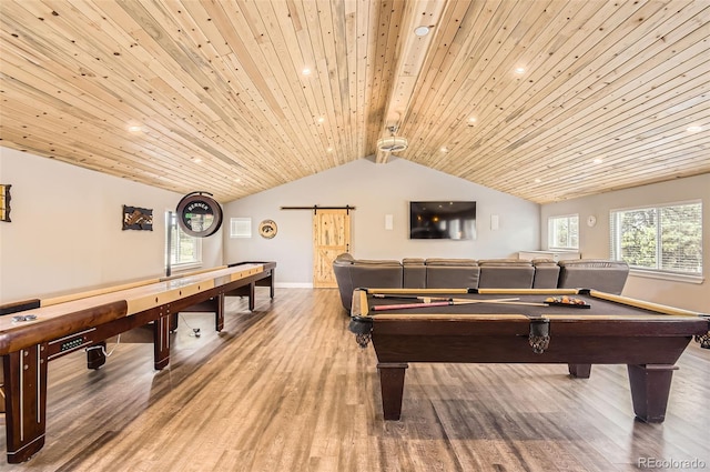 12454 Antelope Trl, Parker, CO 80138 - recreation room featuring billiards, wood finished floors, a barn door, wooden ceiling, and recessed lighting