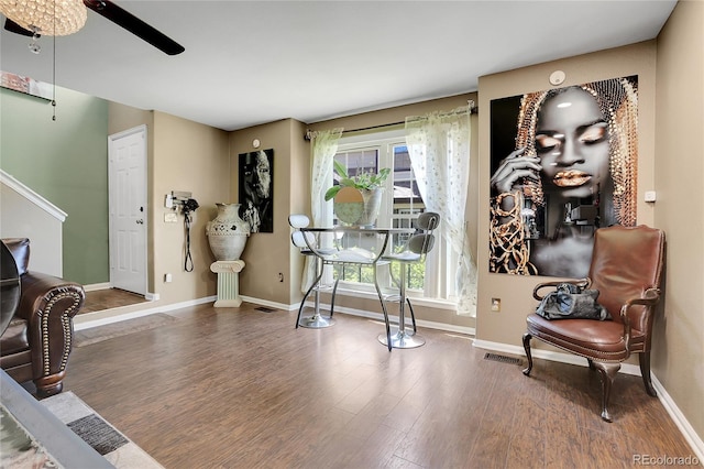 exercise room with ceiling fan and hardwood / wood-style flooring