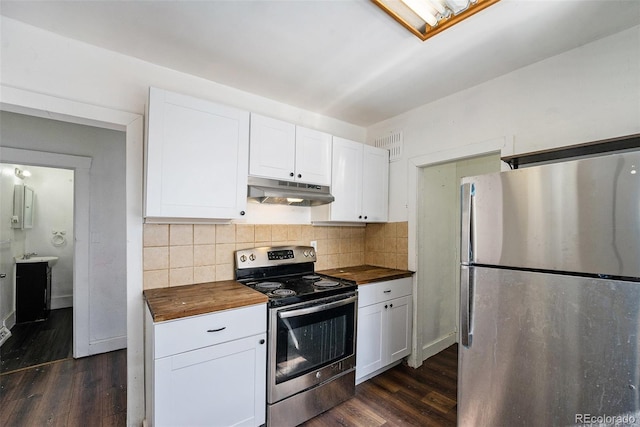 kitchen with stainless steel appliances, white cabinets, butcher block countertops, and under cabinet range hood