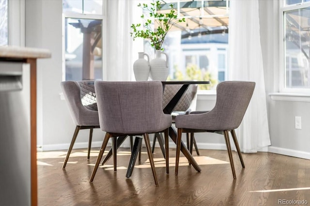 dining room with baseboards and wood finished floors