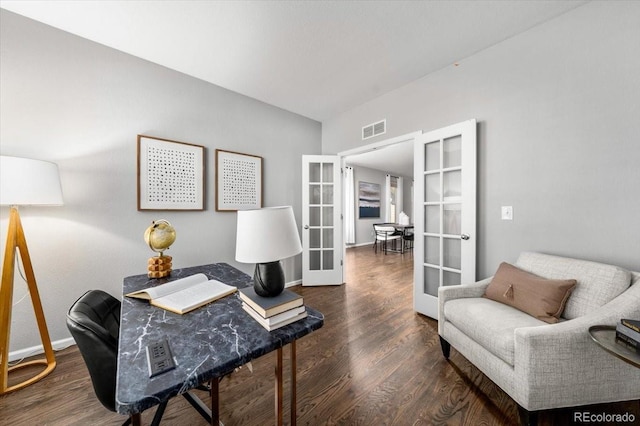 office space featuring french doors, visible vents, baseboards, and wood finished floors