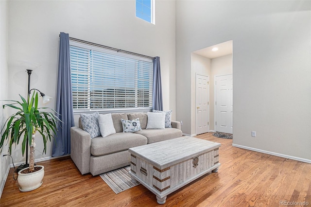 living room with light hardwood / wood-style flooring and a towering ceiling