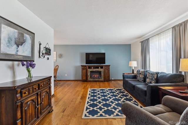 living area featuring light wood-type flooring and a glass covered fireplace