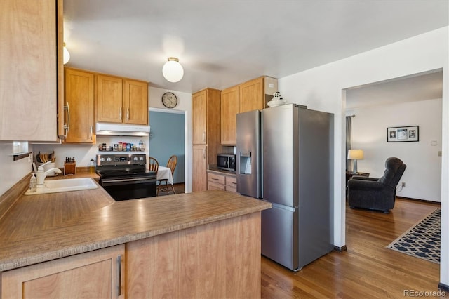 kitchen featuring under cabinet range hood, a peninsula, wood finished floors, a sink, and appliances with stainless steel finishes